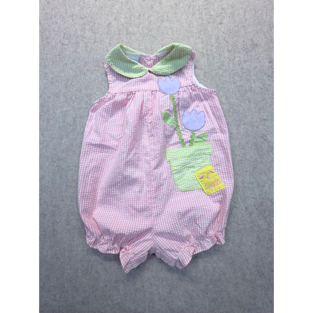Samara Bubble Romper Girls 3T Pink Gingham Floral Seersucker Vintage